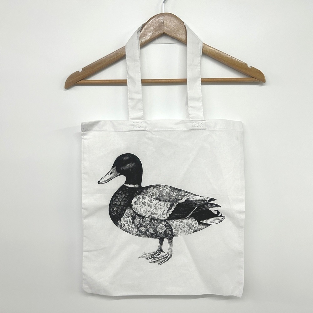 Duck Tote Bag White Canvas Floral Bird Cottagecore Indie Nature Market‎ Bag